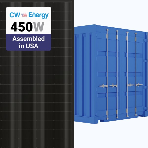 CW Energy 450W Solar Panel 108 Cell TOPCon All-Black Bifacial CWT450-108TNB10 Assembled in the USA Commercial 910 panels per Container (Truckload)