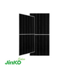Jinko 460W bifacial solar panel — high-efficiency black solar module with split-cell design, front and rear view.