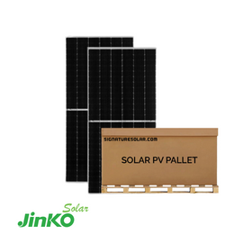 Pallet of Jinko 460W bifacial solar panels — bulk solar module packaging with Signature Solar crate.