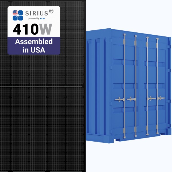 Sirius 410W Solar Panel 108 Cell PERC All-Black ELNSM54M-HC-410 Assembled in the USA Commercial 899 panels per Container (Truckload)