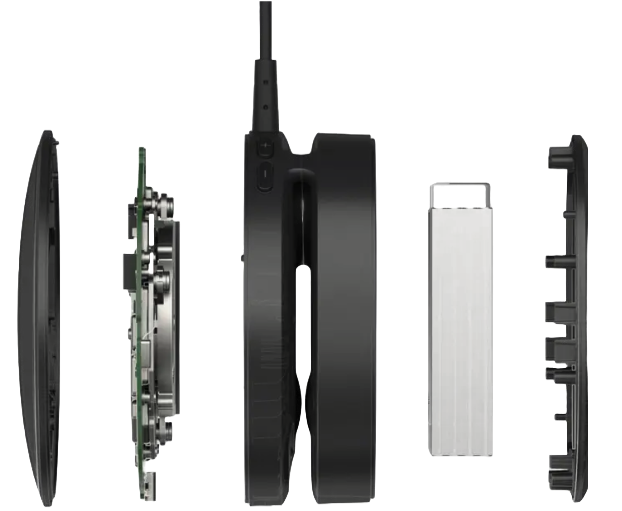 Magic Leap 2 compute pack deconstructed to reveal advanced electronics, processor, GPU, battery, and cooling fans.