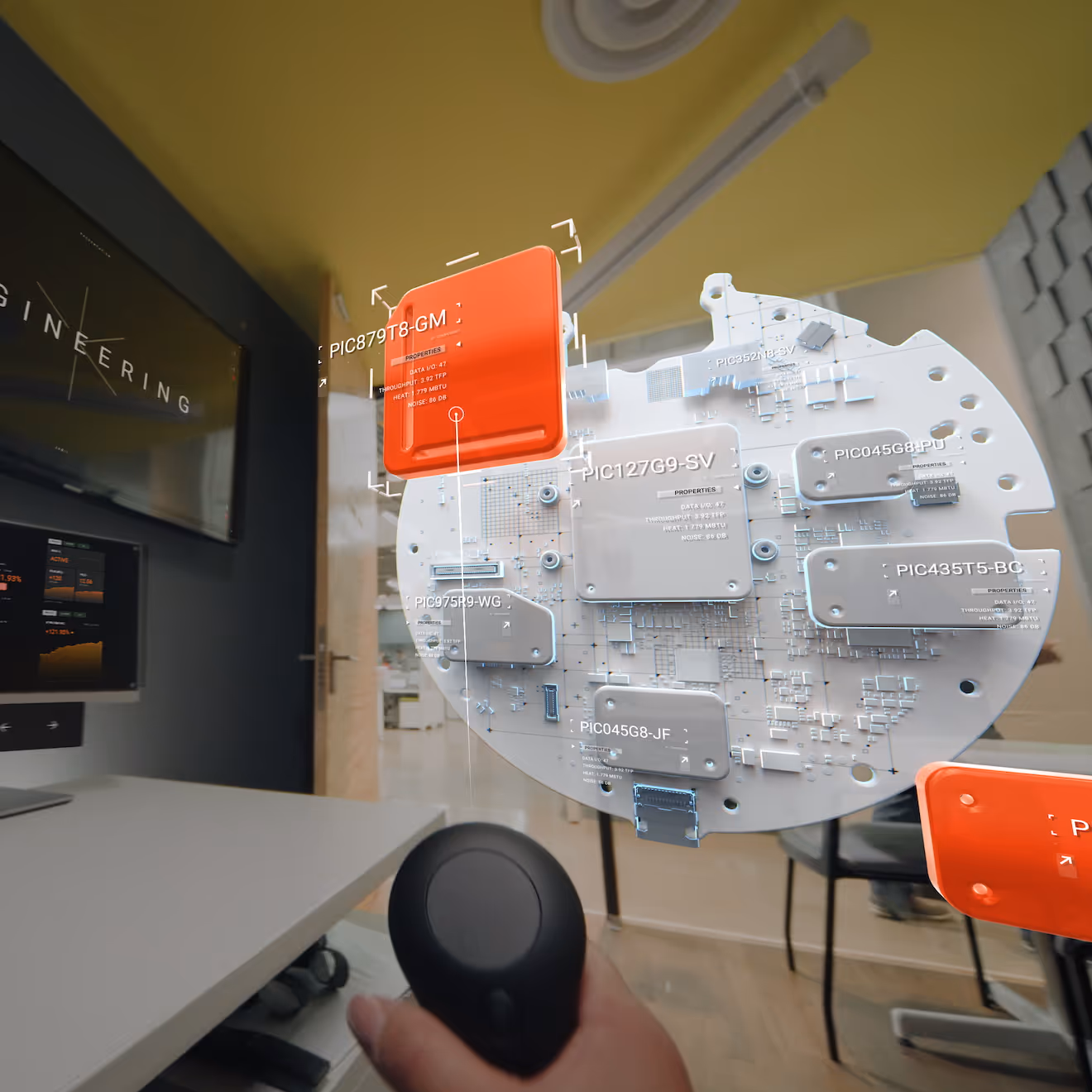 The hand of a Magic Leap 2 user in AR, sharing ideas through the Magic Leap Workshop collaboration app.